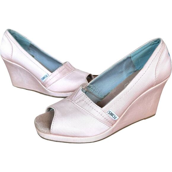 TOMS Womens Wedding Collection Pumps Pink Grosgrain Wedge Peep Toe Slip On 8 - Picture 1 of 12